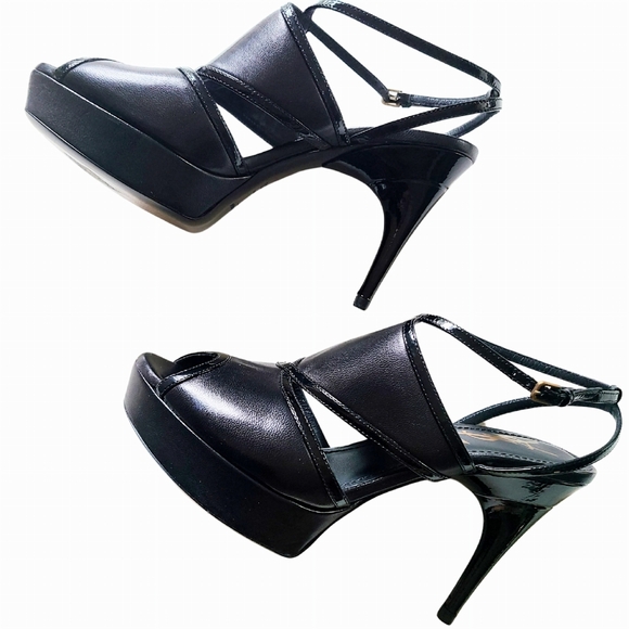 Yves SAINT LAURENT vtg *RARE* Platform Patent & Leather Ankle Strap Peep 36.5 - Picture 3 of 15
